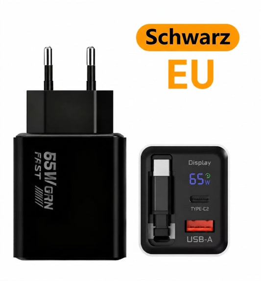 65W Typ-C Schnellladegerät (80 cm) mit USB- und Typ-C-Anschluss