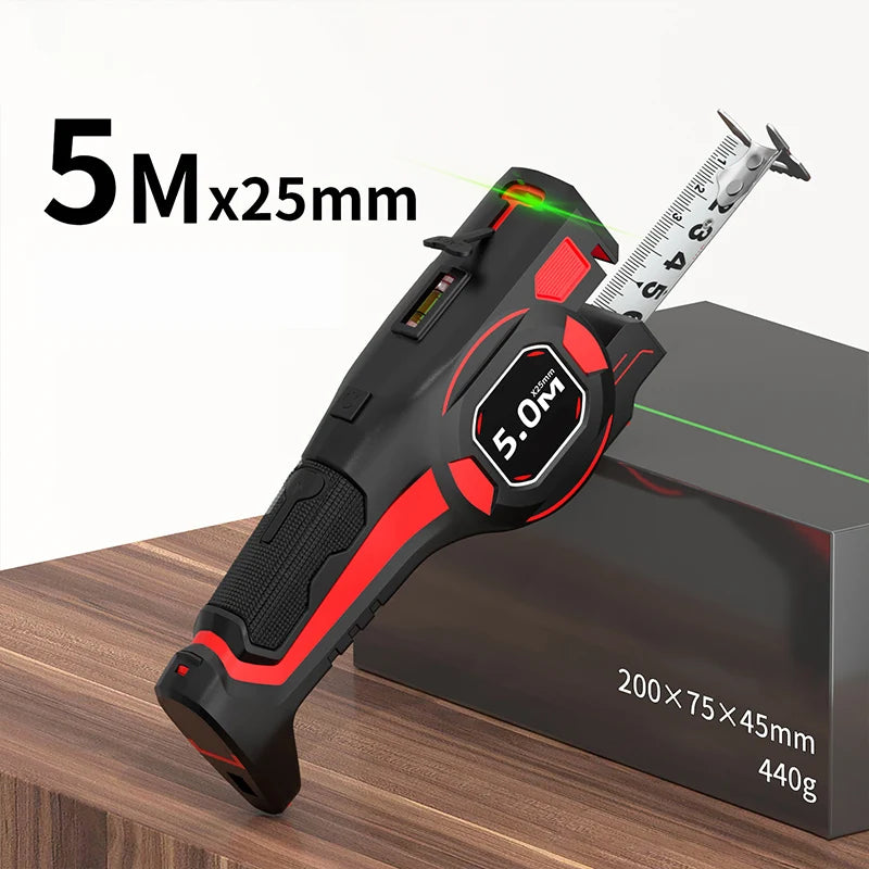 Maßband mit Laser und Wasserwaage