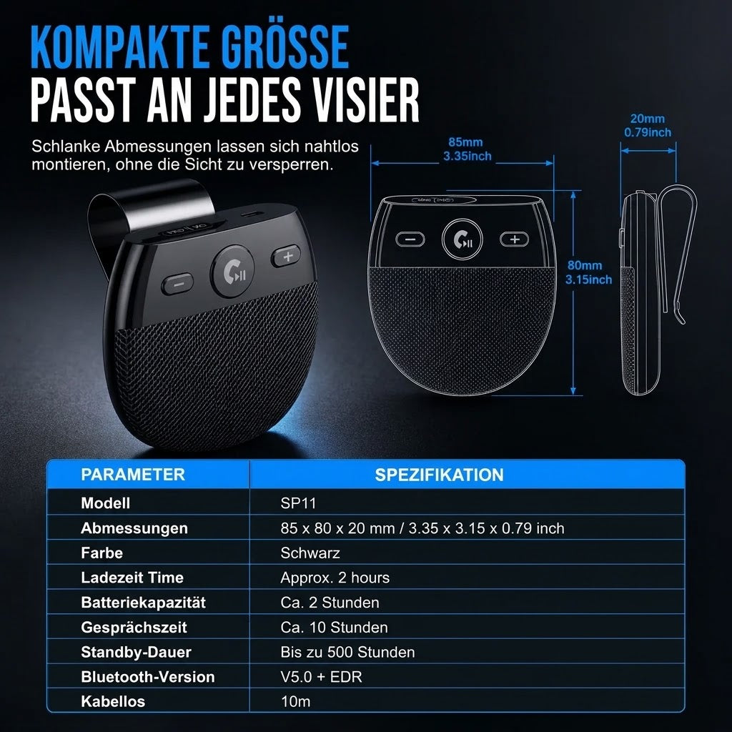 SP11 Bluetooth-Freisprecheinrichtung für Sonnenblende – Auto-Wake & A2DP