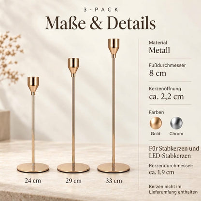 Stilvolle Kerzenständer in Gold oder Chrom – 3er-Pack